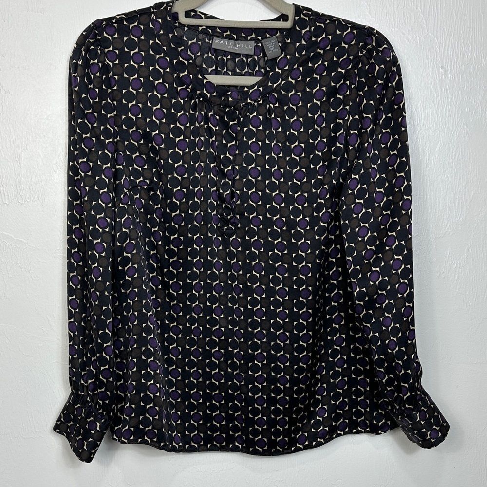Kate Hill Silk Geometric Print Long Sleeve Blouse Top Size 8P